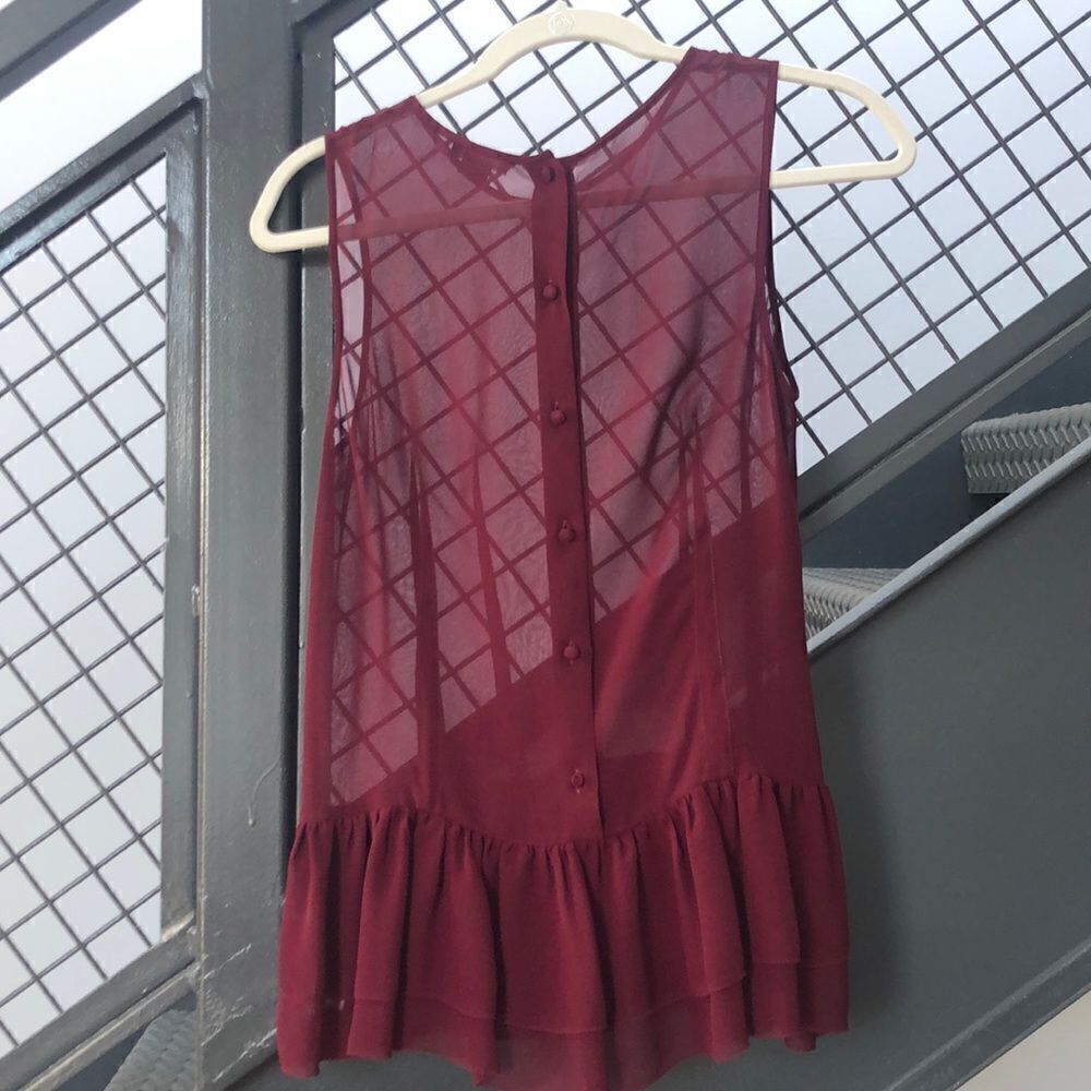 Theory peplum ruffle maroon sleeveless sheer top